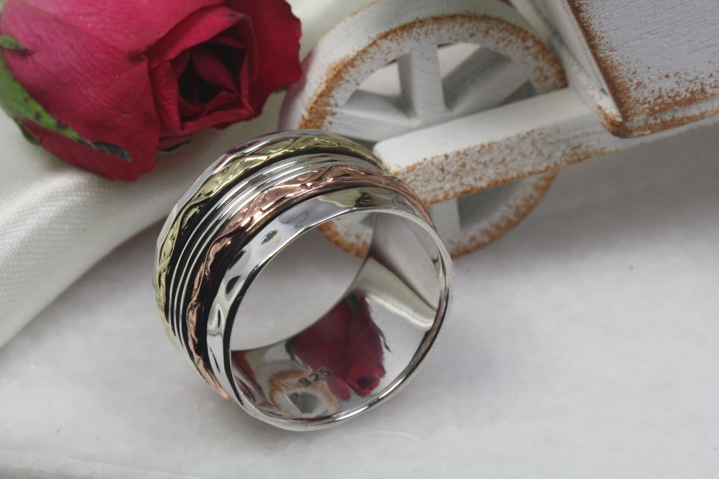 Tri-Tone Sterling Silver Spinner Ring Rose Gold Yellow Gold Heavy Spinner Ring