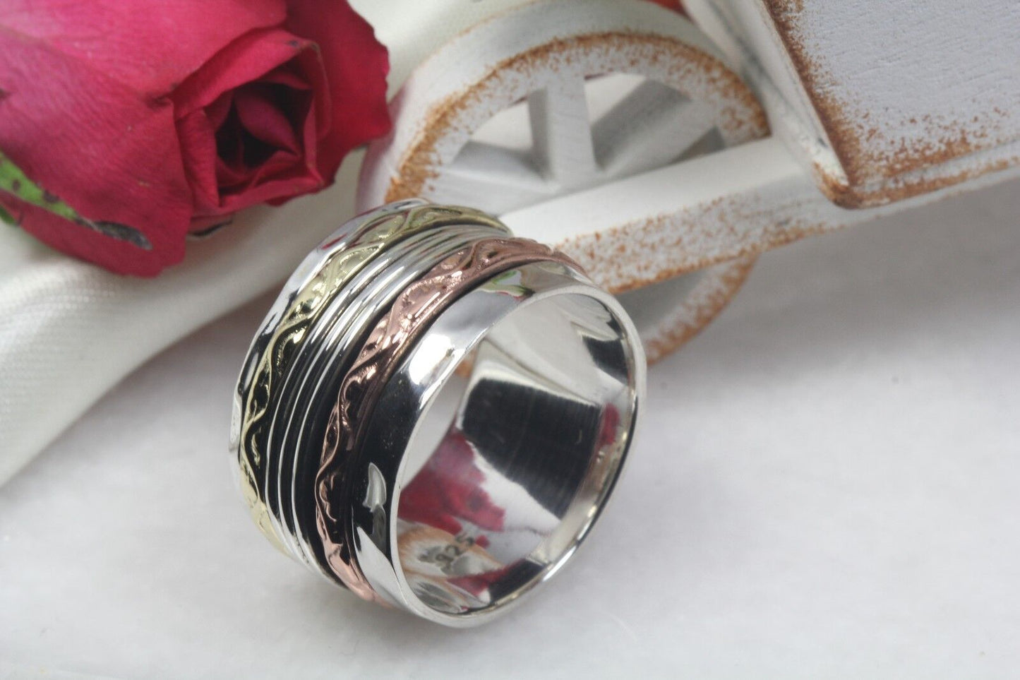 Tri-Tone Sterling Silver Spinner Ring Rose Gold Yellow Gold Heavy Spinner Ring