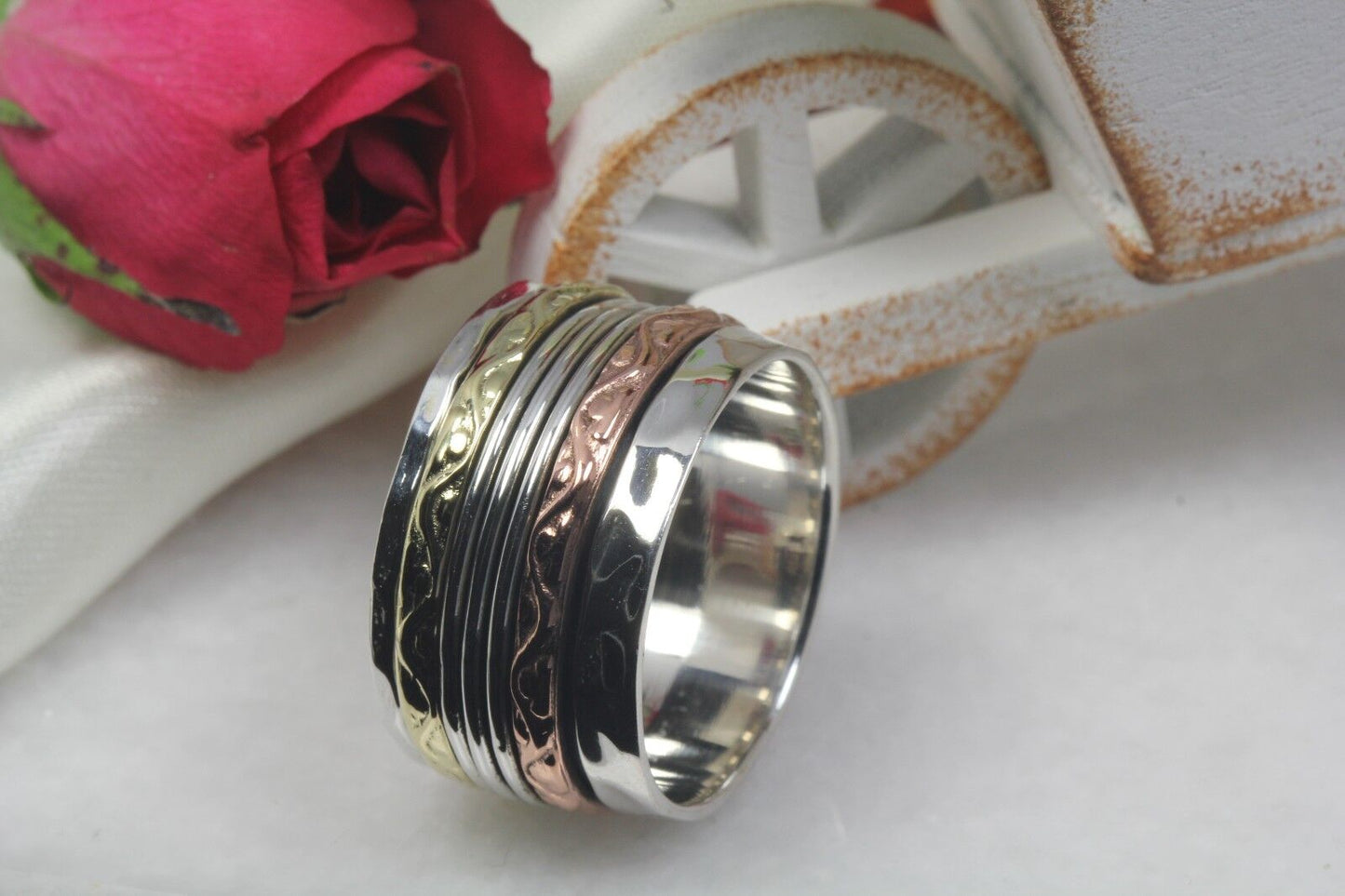 Tri-Tone Sterling Silver Spinner Ring Rose Gold Yellow Gold Heavy Spinner Ring
