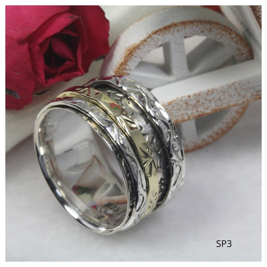 Wide Sterling Silver Spinner Ring Two Tone Yellow Gold Heavy Spinner Fidget Ring