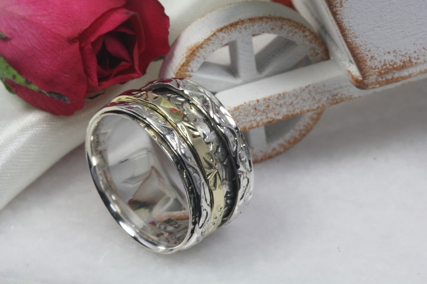 Wide Sterling Silver Spinner Ring Two Tone Yellow Gold Heavy Spinner Fidget Ring