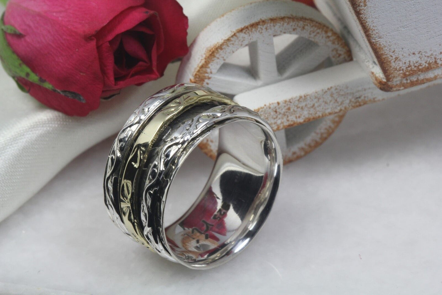 Wide Sterling Silver Spinner Ring Two Tone Yellow Gold Heavy Spinner Fidget Ring