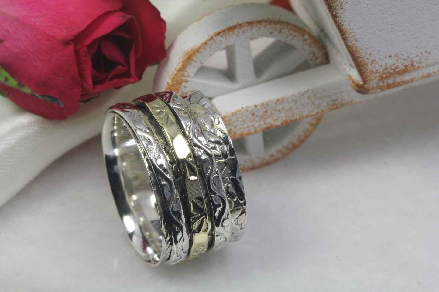 Wide Sterling Silver Spinner Ring Two Tone Yellow Gold Heavy Spinner Fidget Ring