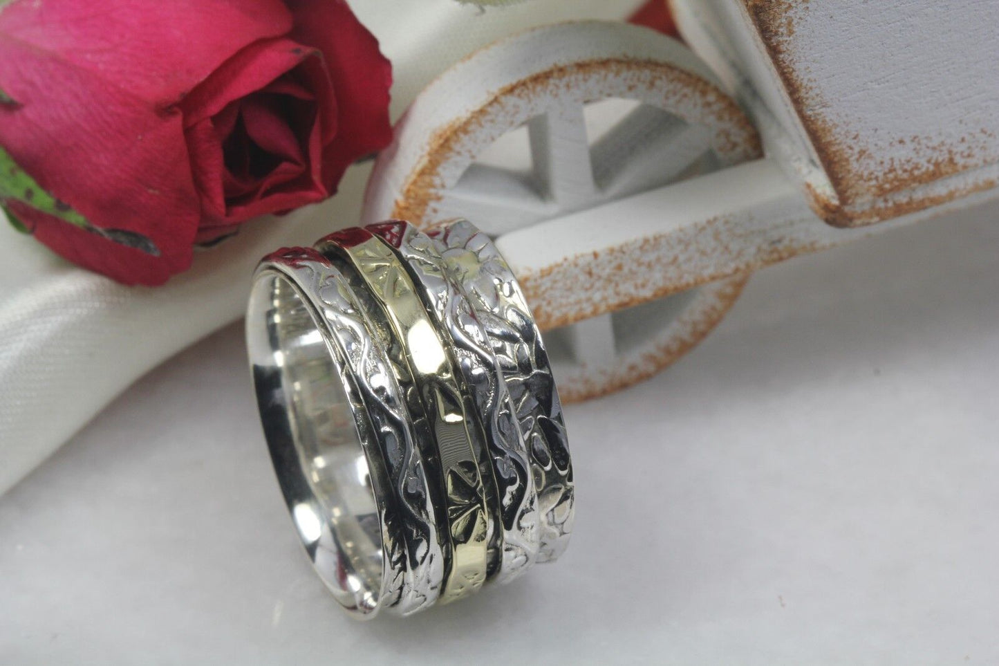 Wide Sterling Silver Spinner Ring Two Tone Yellow Gold Heavy Spinner Fidget Ring