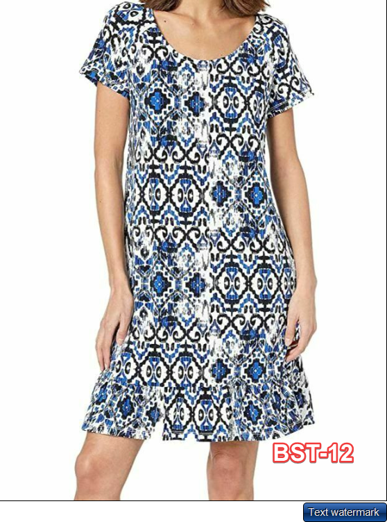 Tribal Women's Dress Blue Printed Jersey Short Sleeve Ruffle Hem Dress Size L