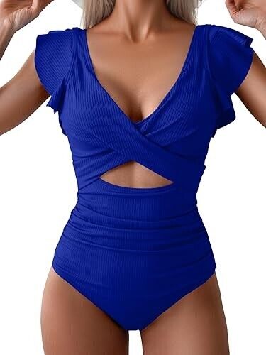 B2prity Women's One Piece Ruffle Cutout Bathing Suits Slimming Swimsuit, Blue, L