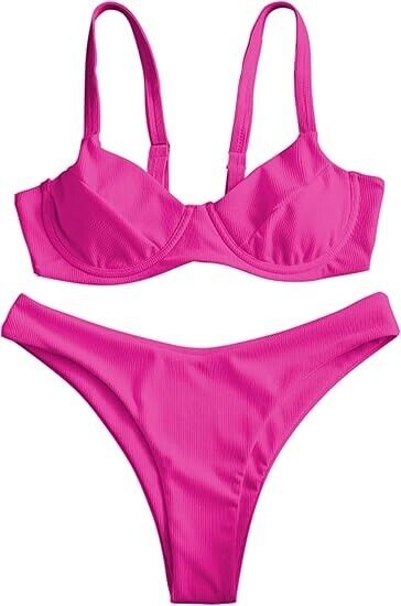 ZAFUL Women's Ribbed Underwire Bikini Set High Cut Colorblock V Notch Swimwear S