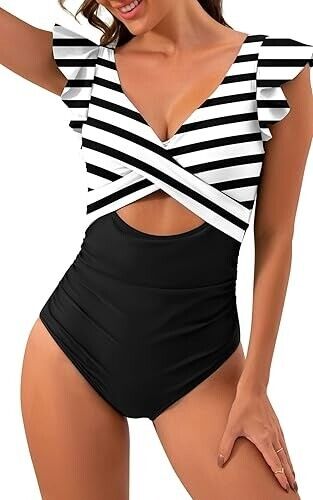 B2prity Women 1pc Ruffle Cutout Bathing Suits Slimming Swimsuit, Black Stripe, L