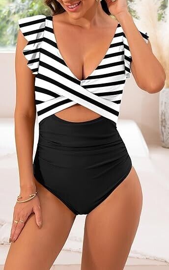 B2prity Women 1pc Ruffle Cutout Bathing Suits Slimming Swimsuit, Black Stripe, L