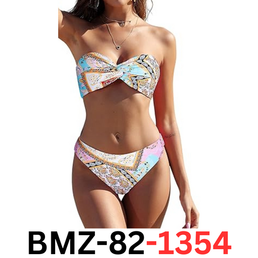 ZAFUL Women Strapless Twist Bandeau Bikini 2 Piece Cheeky Solid Lace Swimwear, L