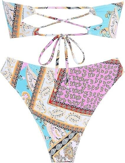 ZAFUL Women Strapless Twist Bandeau Bikini 2 Piece Cheeky Solid Lace Swimwear, L