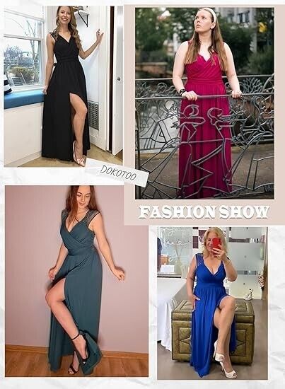 Dokotoo Women Elegant Floor Length A-Line Wrap Deep V-Neck Backless Maxi Dress M