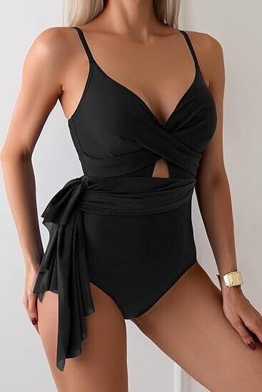 B2prity Women's One Piece Swimdress Wrap Tummy Control Cutout Swimsuits Black XL