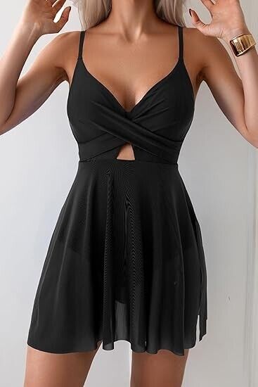 B2prity Women's One Piece Swimdress Wrap Tummy Control Cutout Swimsuits Black XL