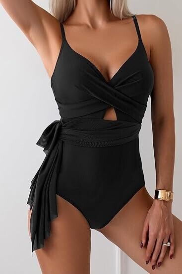 B2prity Women's One Piece Swimdress Wrap Tummy Control Cutout Swimsuits Black XL