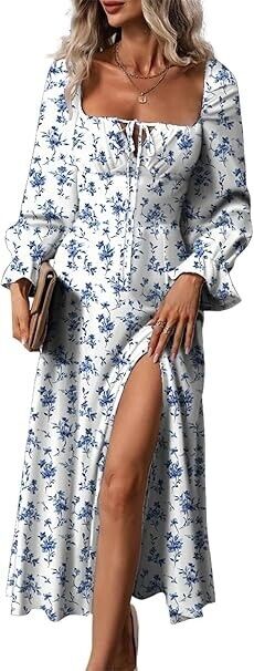 BLENCOT Casual Women's Square Neck Long Sleeve Split Thigh Boho Floral Dress M