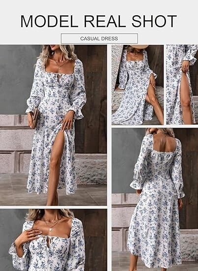 BLENCOT Casual Women's Square Neck Long Sleeve Split Thigh Boho Floral Dress M