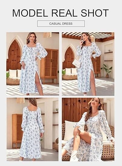 BLENCOT Casual Women's Square Neck Long Sleeve Split Thigh Boho Floral Dress M