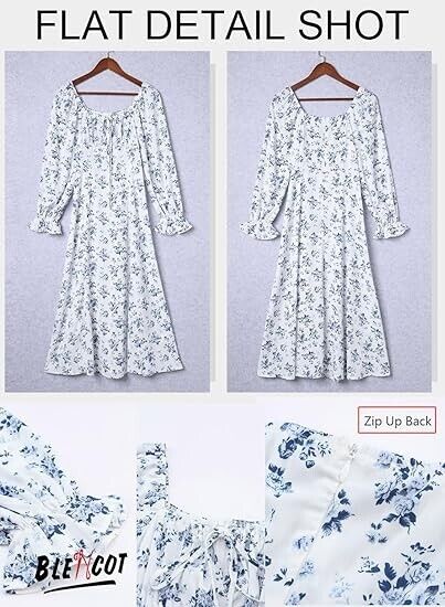 BLENCOT Casual Women's Square Neck Long Sleeve Split Thigh Boho Floral Dress M