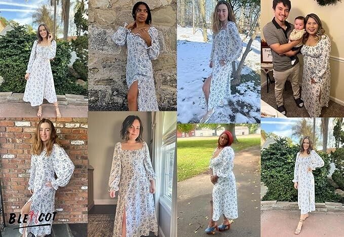 BLENCOT Casual Women's Square Neck Long Sleeve Split Thigh Boho Floral Dress M