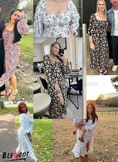 BLENCOT Casual Women's Square Neck Long Sleeve Split Thigh Boho Floral Dress M