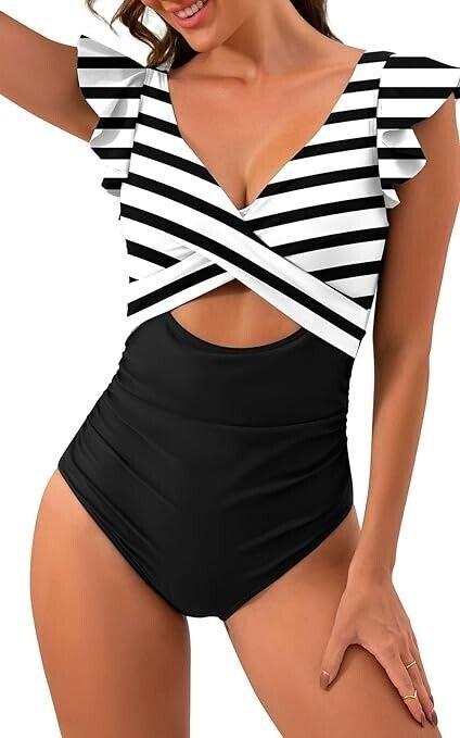 B2prity Women's One Piece Ruffle Cutout Bathing Suits Slimming Swimsuit, Black L