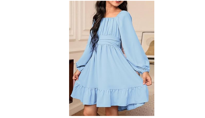 DOKOTOO KIDS Girls Long Sleeve Ruffle Hem Off Shoulder Dress Cute Square, 8-9y