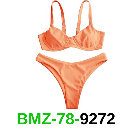 ZAFUL Women's Ribbed Underwire Bikini Set High Cut Colorblock V Notch Swimwear,L