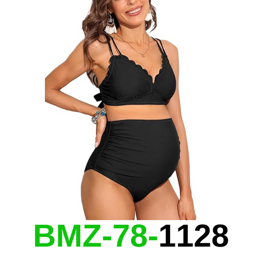 Charmo Scalloped Maternity Bikini Swimsuit Two Piece High Waist Ruched, XL