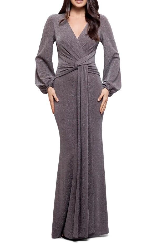 BETSY & ADAM Metallic Knit Long Sleeve Gown Taupe/Silver 4 & 8 Womens Dress Gown