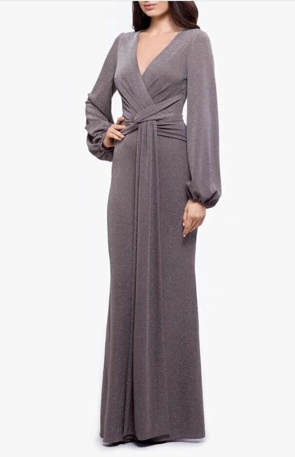 BETSY & ADAM Metallic Knit Long Sleeve Gown Taupe/Silver 4 & 8 Womens Dress Gown