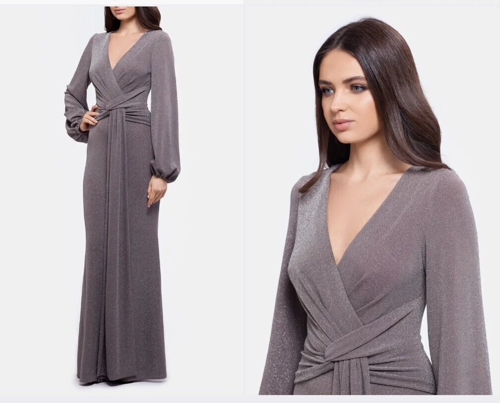 BETSY & ADAM Metallic Knit Long Sleeve Gown Taupe/Silver 4 & 8 Womens Dress Gown