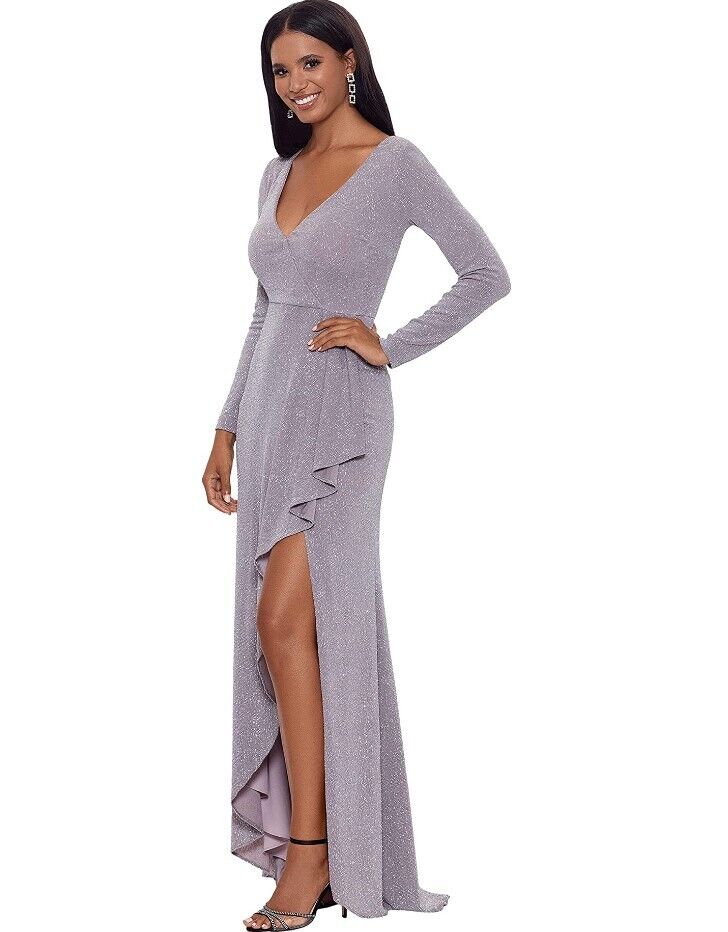 Betsy & Adam  Long Long Sleeve Glitter Knit Gown Granite 12P
