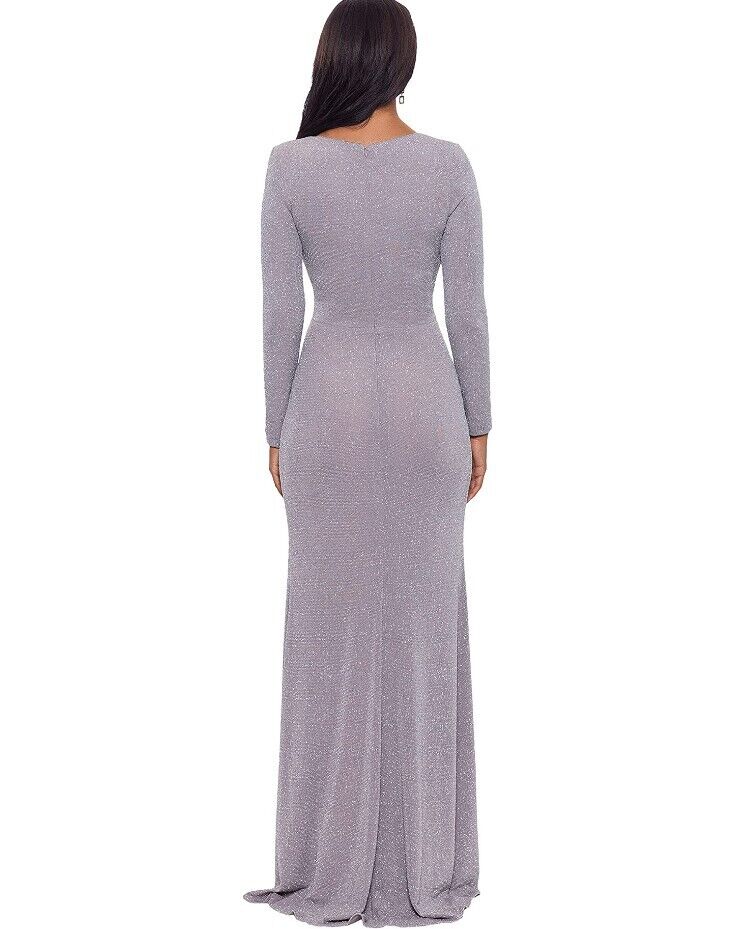 Betsy & Adam  Long Long Sleeve Glitter Knit Gown Granite 12P