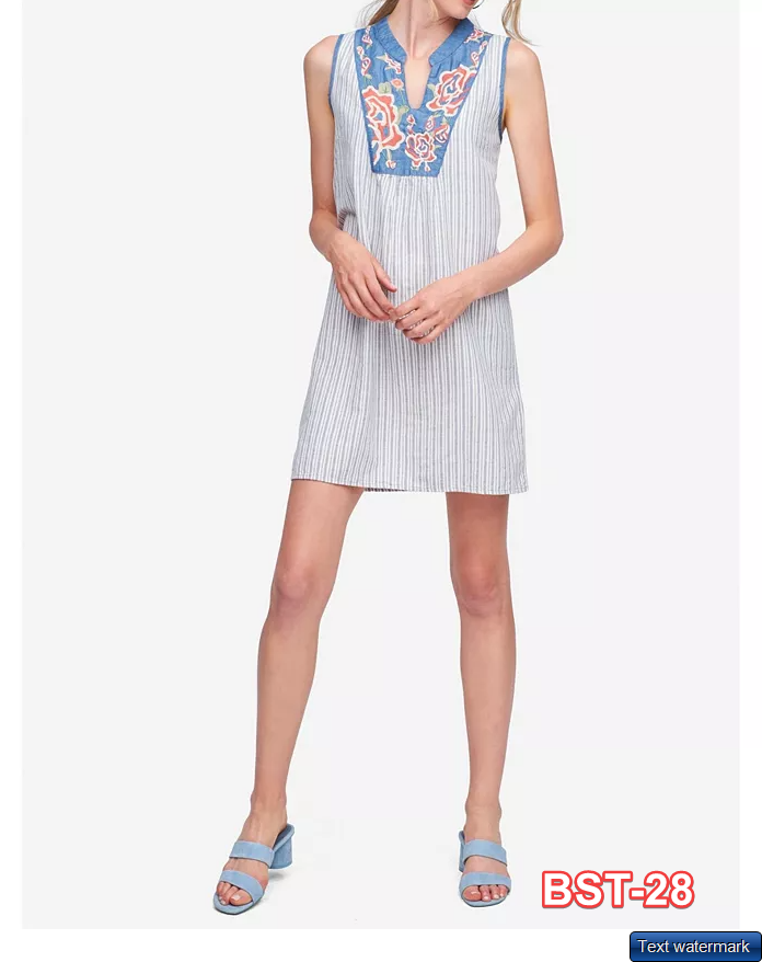 Tribal Stripe Women's Dress Sleeveless Dress Embroidery Chambray XS Mini Dress