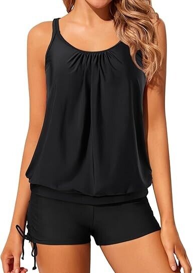 Yonique Womens Blouson Tankini Swimsuit Two Piece Strappy Bathing Suit, Black, M