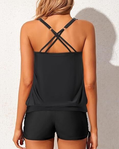 Yonique Womens Blouson Tankini Swimsuit Two Piece Strappy Bathing Suit, Black, M