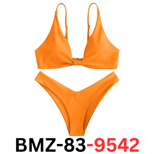 ZAFUL Women Tie Knot Front Spaghetti Strap High Cut Bikini Set Swimsuit Orange L
