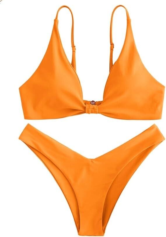 ZAFUL Women Tie Knot Front Spaghetti Strap High Cut Bikini Set Swimsuit Orange L