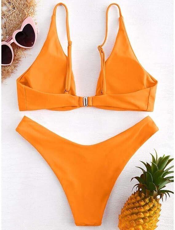 ZAFUL Women Tie Knot Front Spaghetti Strap High Cut Bikini Set Swimsuit Orange L