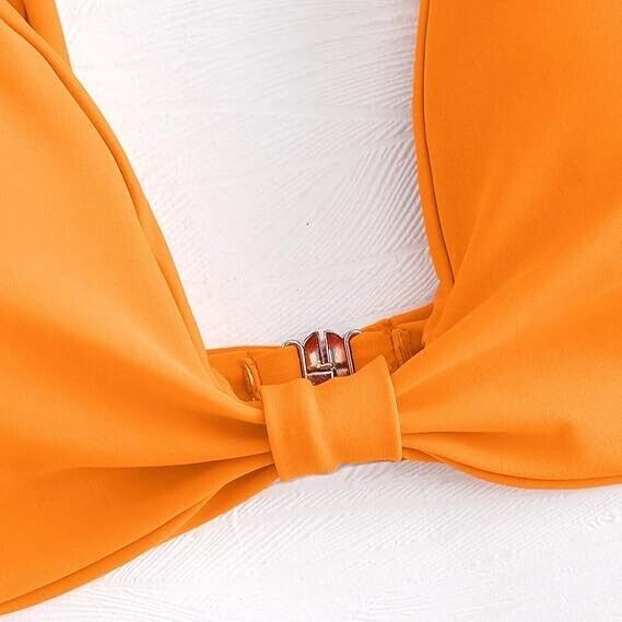 ZAFUL Women Tie Knot Front Spaghetti Strap High Cut Bikini Set Swimsuit Orange L