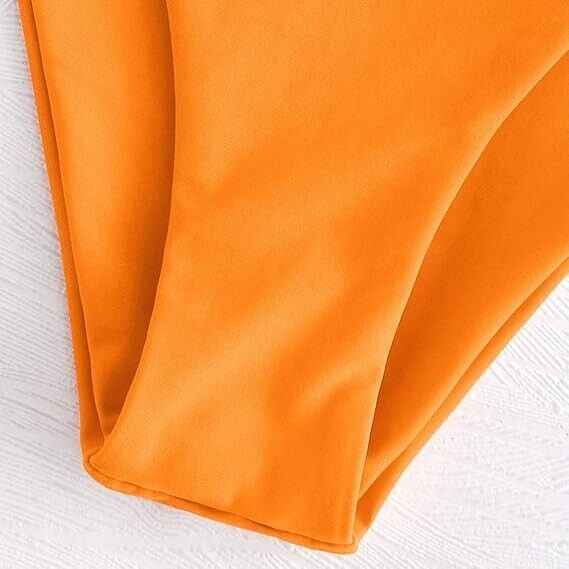 ZAFUL Women Tie Knot Front Spaghetti Strap High Cut Bikini Set Swimsuit Orange L