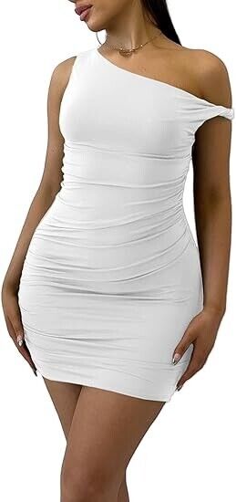 Ekaliy Women's Sexy Ruched Bodycon Dress Off Shoulder Sleeveless Dress, White, M