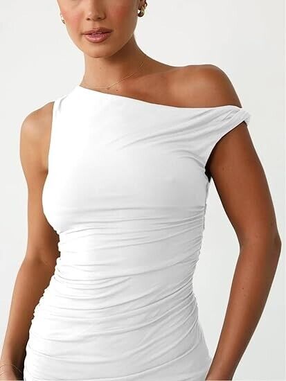 Ekaliy Women's Sexy Ruched Bodycon Dress Off Shoulder Sleeveless Dress, White, M