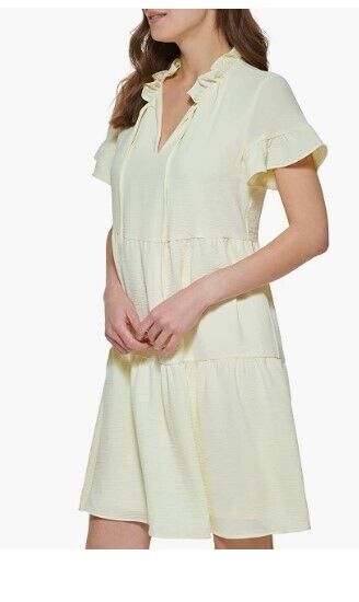 DKNY Women's Tie Neck Dress, Yellow Diamond, 12 DKNY Women's Dress Short Dress