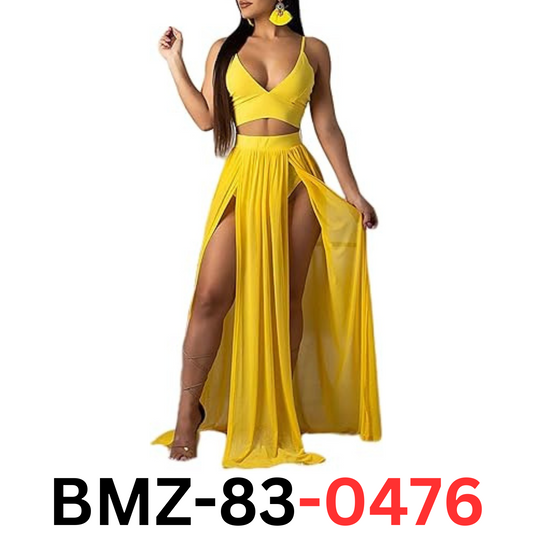Women Sexy 2 Piece Outfits Dress Chiffon Strap Deep V Neck Bra & Skirt, Yellow M