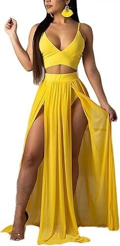 Women Sexy 2 Piece Outfits Dress Chiffon Strap Deep V Neck Bra & Skirt, Yellow M