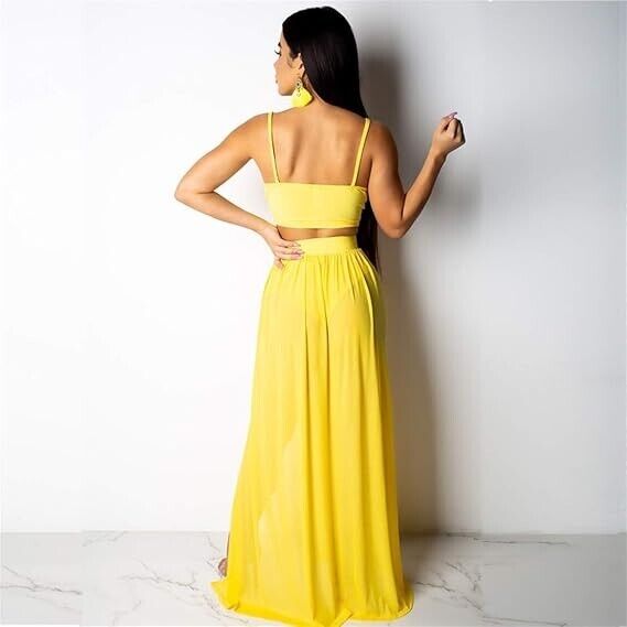 Women Sexy 2 Piece Outfits Dress Chiffon Strap Deep V Neck Bra & Skirt, Yellow M