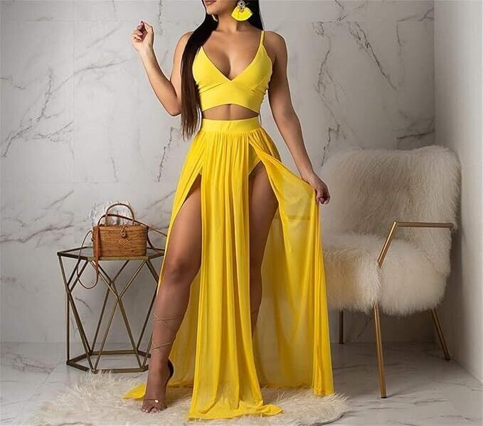 Women Sexy 2 Piece Outfits Dress Chiffon Strap Deep V Neck Bra & Skirt, Yellow M