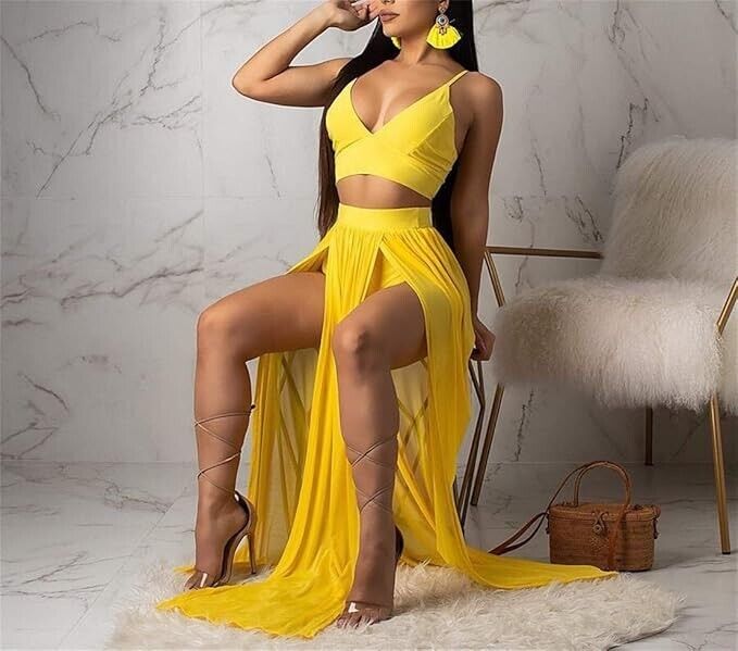 Women Sexy 2 Piece Outfits Dress Chiffon Strap Deep V Neck Bra & Skirt, Yellow M